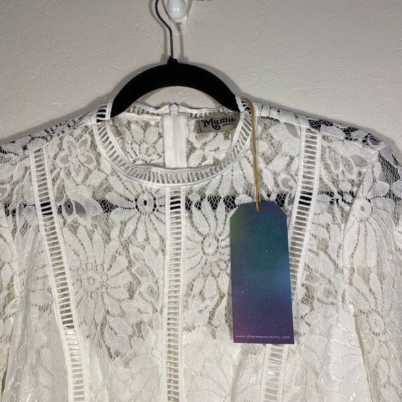 NWT: SMYM White LACE Eyelet High Neck Long Bell Slv Lrg - Picture 3 of 9